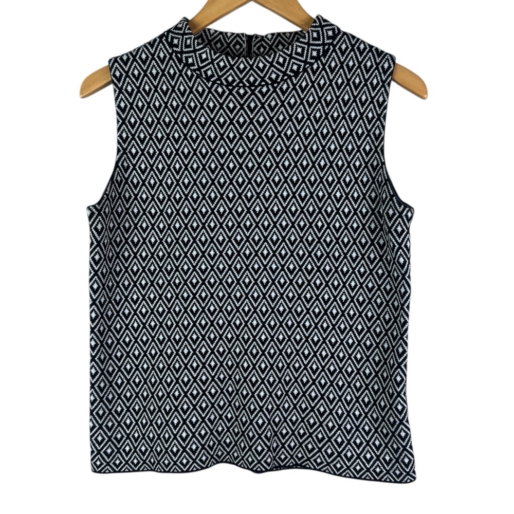 Vince Camuto black Jacquard mock Neck sleeveless Cotton sweater  Small Zip Colla